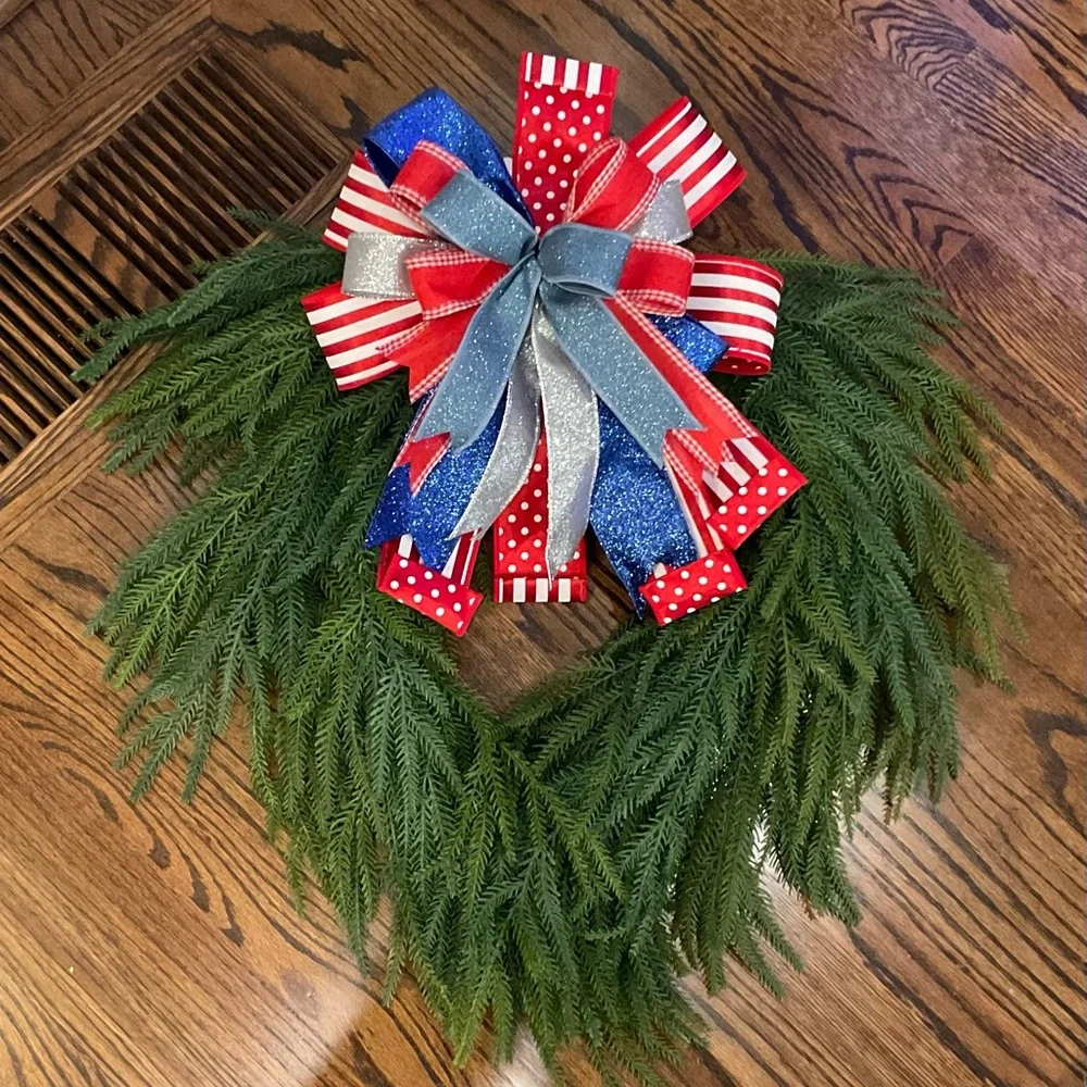 Festive Patriotic Green Wreath with Red, Blue & Silver Bow